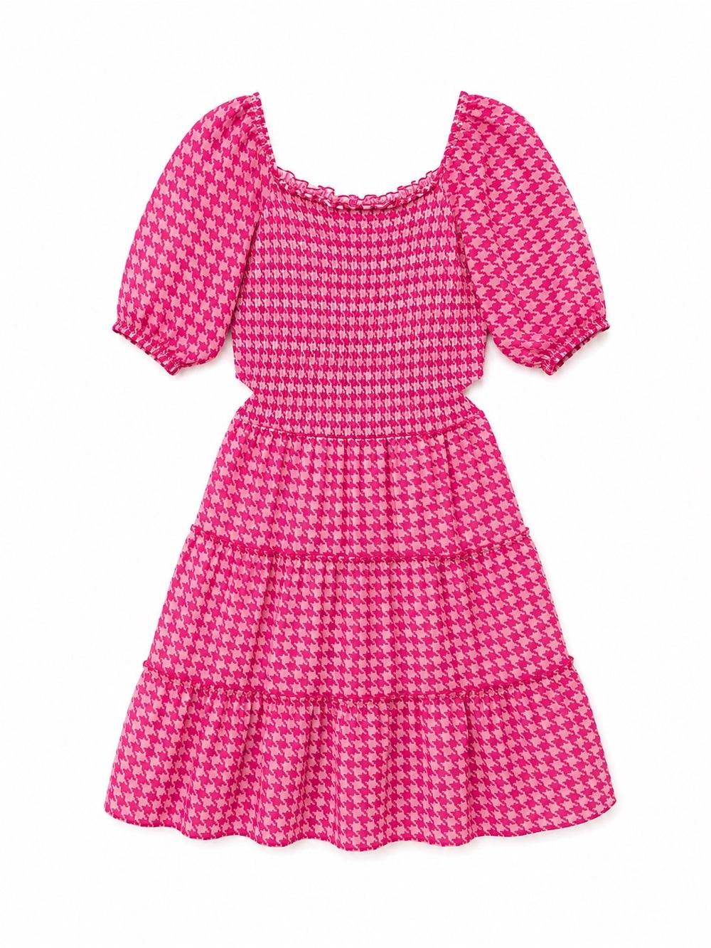 art class Hot Pink Houndstooth Puff-Sleeve Tiered Dress
